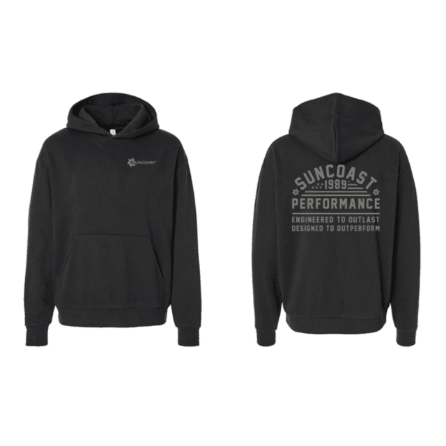 Black SunCoast Performance Outlast pullover hoodie, front and back
