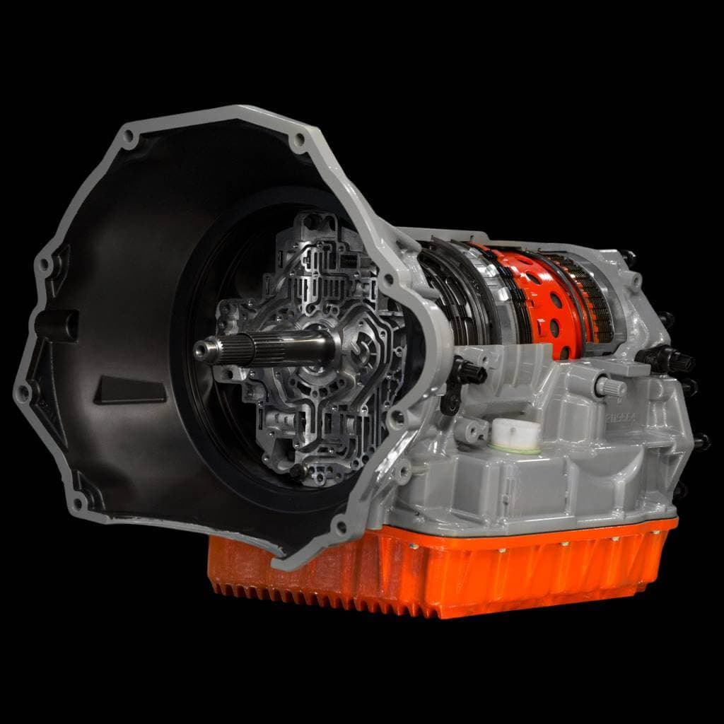 SunCoast 68RFE Category 1 transmission with triple disc converter and orange billet pan